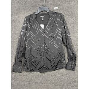 White House Black Market Silk Blend Burnout Blouse Womens 4 Black With Scarf NEW